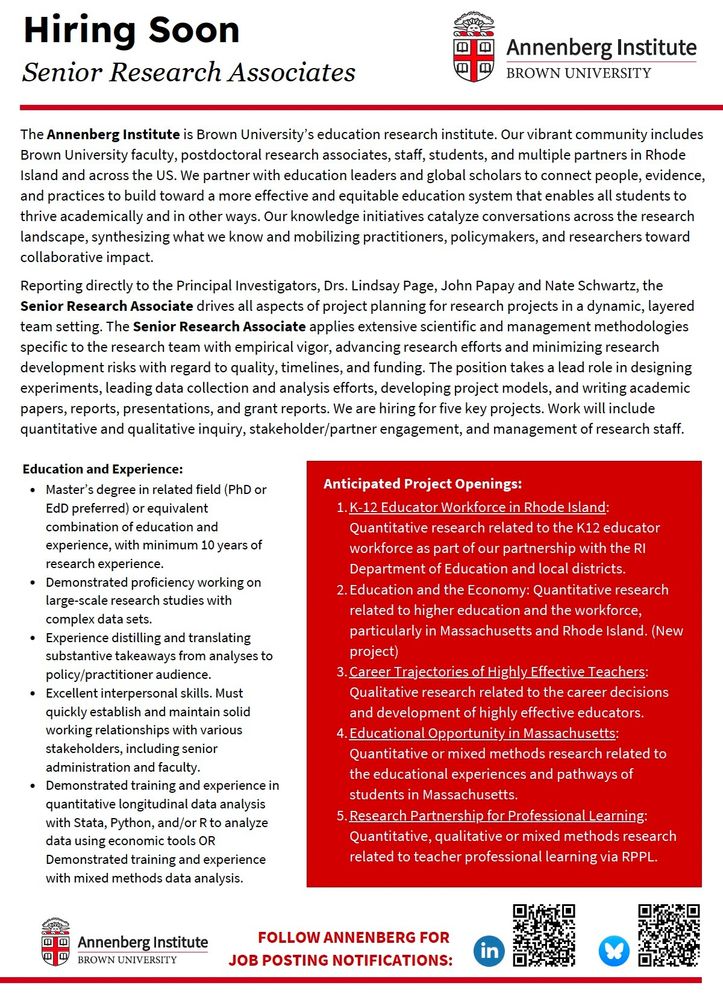 Hiring Soon flyer for the Annenberg Institute at Brown University for senior research associates positions. More information will be shared on the institute's website soon. 