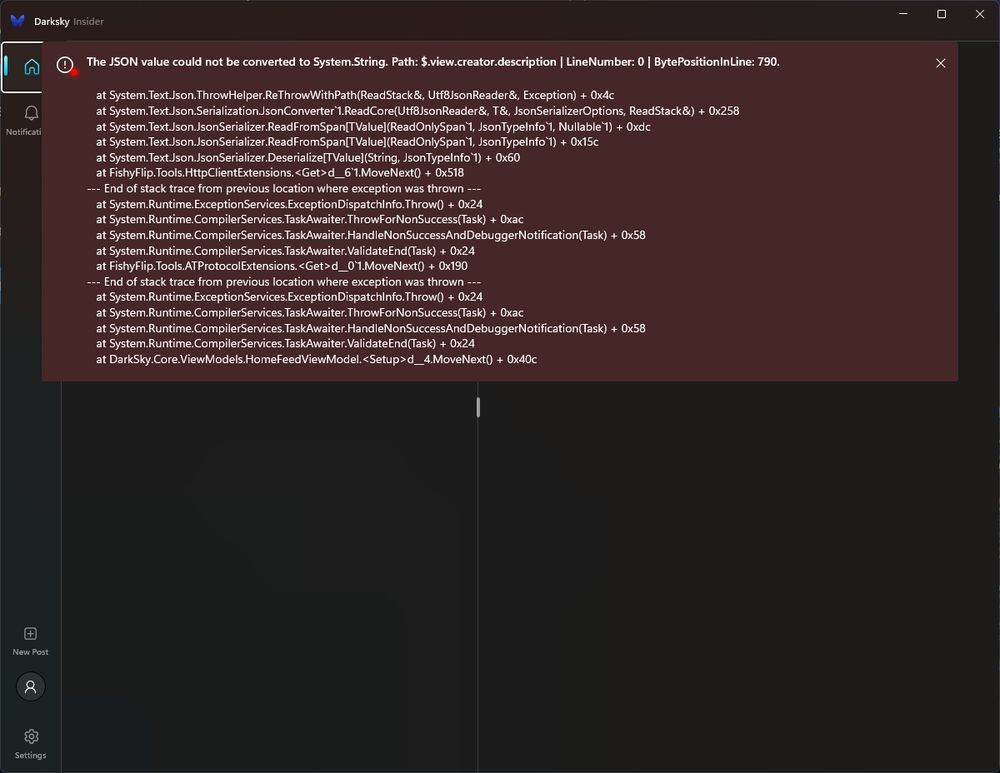 A huge error message in DarkSky app for Windows