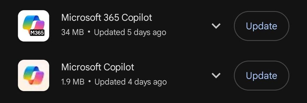 Play Store showing there's an update for Microsoft 365 Copilot and Microsoft Copilot
