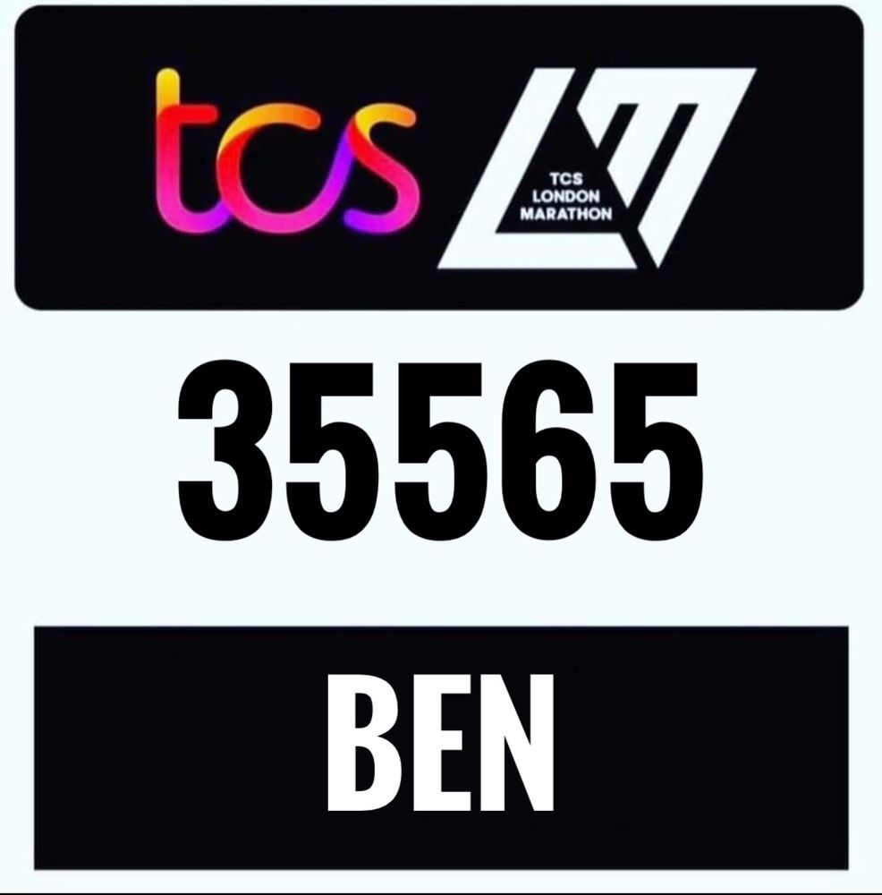 A square graphic image with the number 35565 and the name “Ben” .  Also on the image is the London Marathon logo which is a stylised “L” in italics Meeting a stylised “M” also in italics with the text “TCS London Marathon” in the negative space between in very small font . The image colours are black and white except for another logo which is a lowercase joined up style “tcs” in a yellow, red and purple gradient.