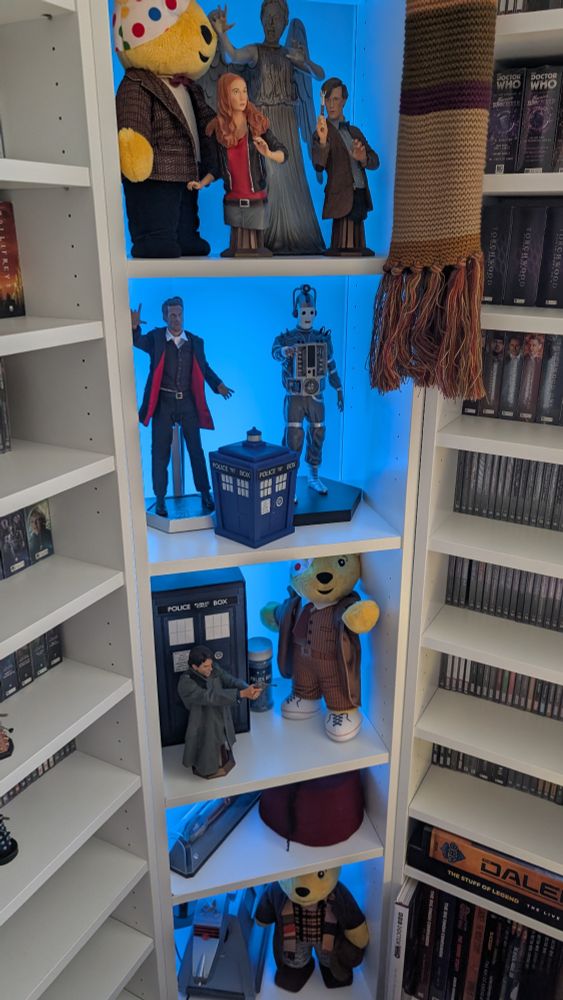 Billy bookcases filled with Big Finish audio CDs and Doctor Who nick naks.