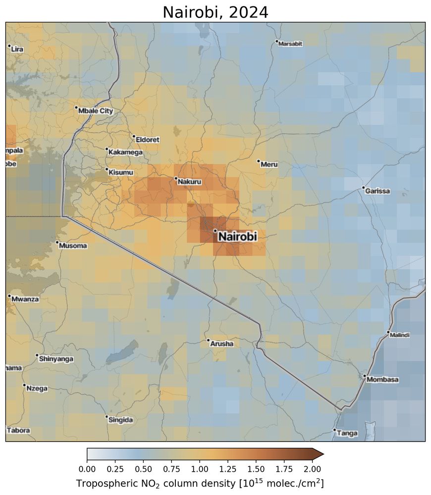 Nairobi and it's surrounding area. The high NO2 values are over the city itself and the other heavily populated areas near Nairobi. The NO2 values over countryside are much smaller due to lacking traffic.