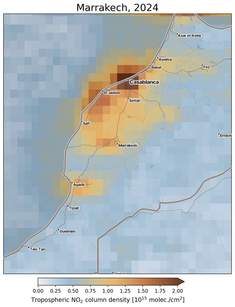 Casablanca, Marocco, and it's surrounding area. The high NO2 values are over the city itself and the other main cities along the coast like Rabat, Agadir and inland cities like Marrakesh. The NO2 values over countryside and Atlantic sea are much smaller.