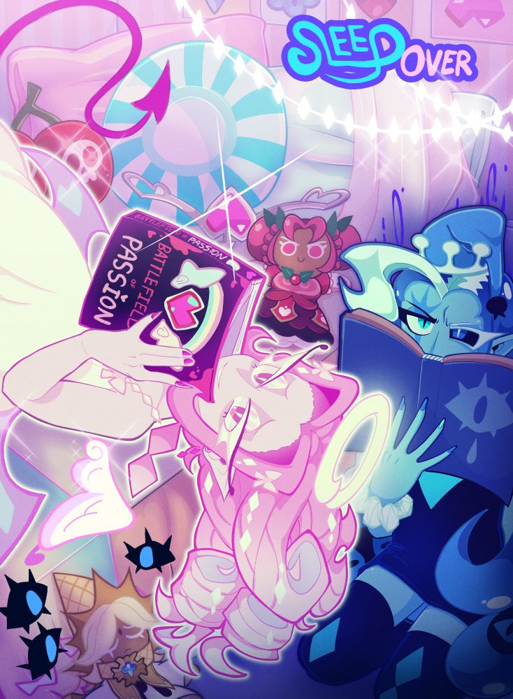 Eternal Sugar Cookie laying on the bed and reading a book named, "Battlefield of Passion." Shadow Milk Cookie is sitting on the floor reading a blue book with an eye on it. There are also way too many filters on this drawing.