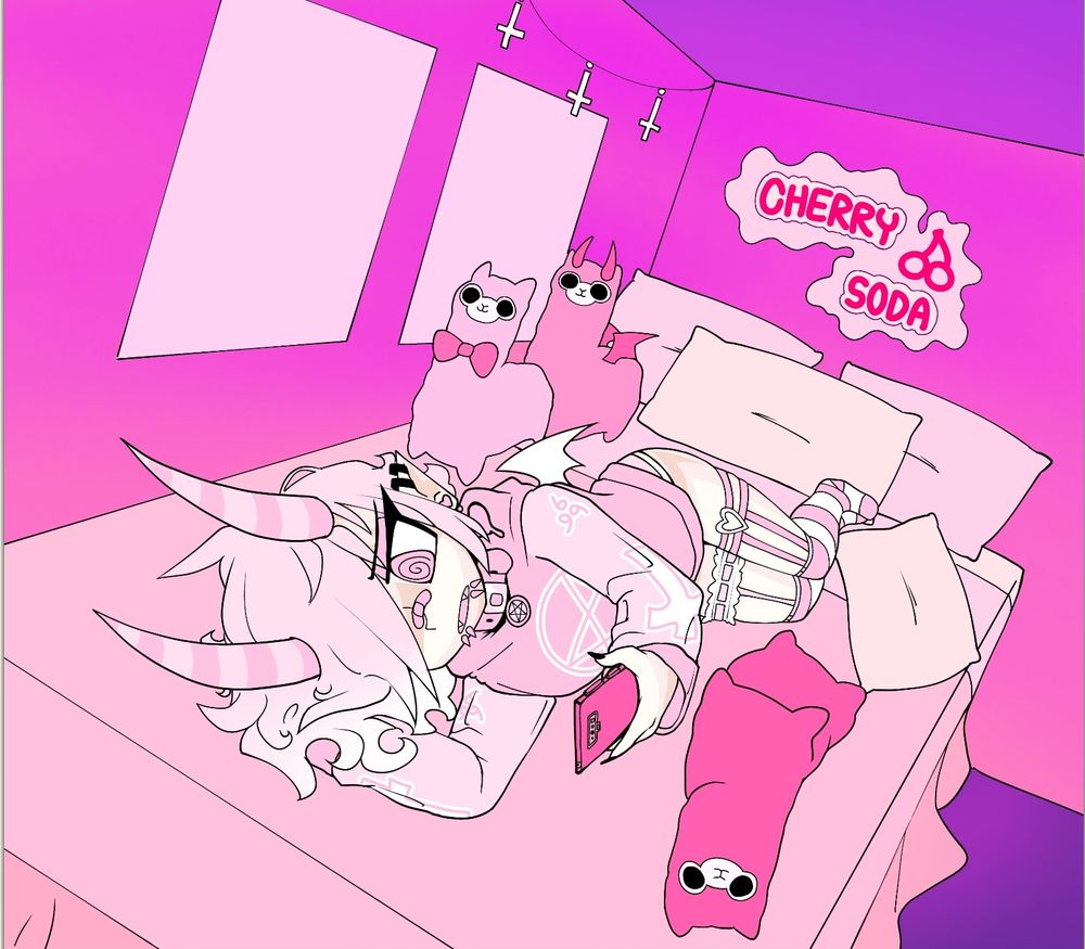 Pink demon character lying on their bed and scrolling on their phone. Everything is very pink and honestly I used way too bright of colors here.