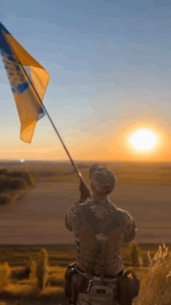 a soldier holds a flag in front of the sun at sunset