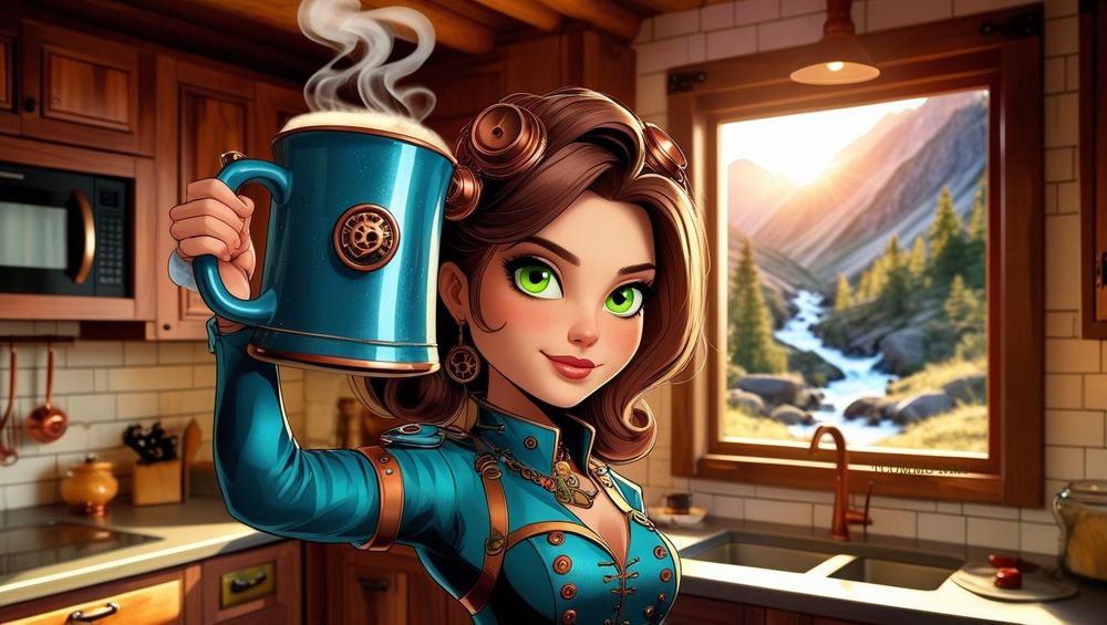 Coffee cup salute: A woman holds a big steaming mug up in the air in 'cheers' fashion in a kitchen. Mountains can be seen out the window. Watermark image: TCOMMS-NMJ AI generated imagery
Subscribe: https://traceyc4tcommsus.substack.com