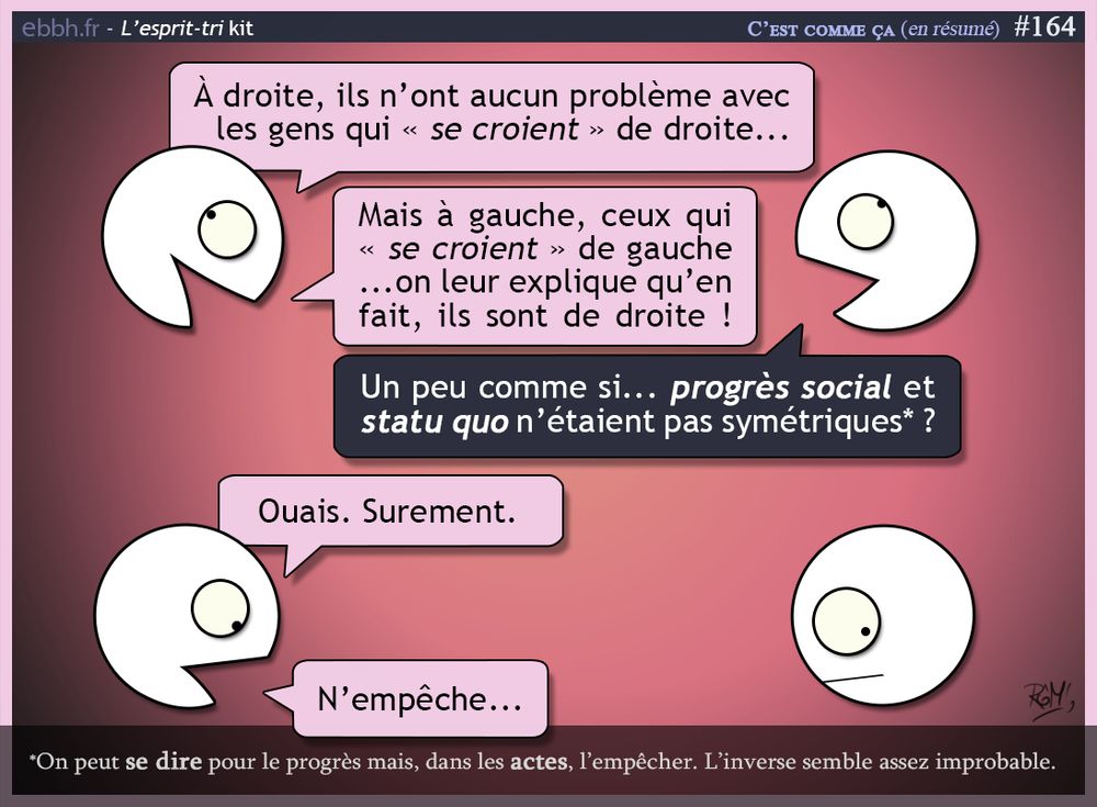 Deux personnages discutent : l’un déplore qu’à gauche, on soupçonne souvent les autres d’être en réalité de droite, quand à droite, le phénomène ne se produit pas. L'autre répond que c'est parce que progrès social et statu quo ne sont pas symétriques.
Un astérisque explique qu’on peut se dire pour le progrès tout en l’entravant.
Le “N’empêche…” final du premier exprime un doute persistant. 