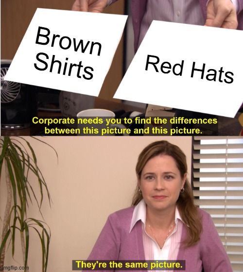 Two pictures meme with one side showing Brown Shirts and the otherside showing Red Hats. They are the same picture.