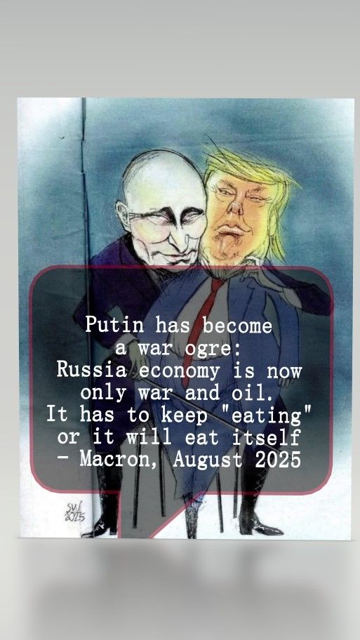Cartoon by Siegfried Woldhek of Putin playing Trump like cello with caption from pres. Macron calling him a war ogre