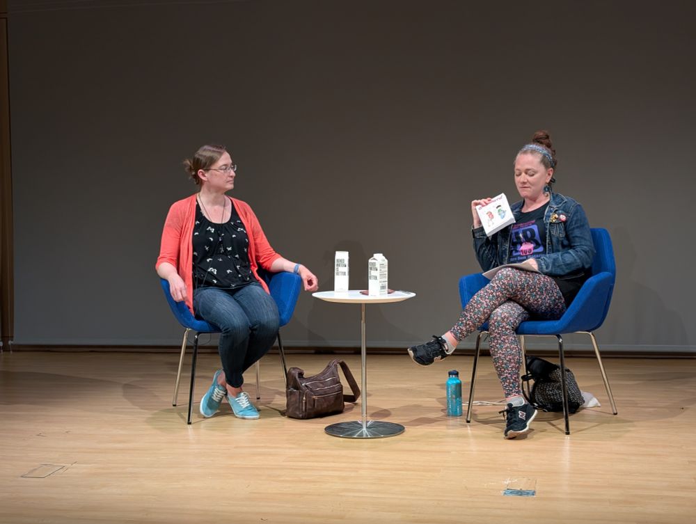A photo of graphic novelist Svetlana Chmakova and Elissa Gershowitz on stage during the Boston Reads Comics event.