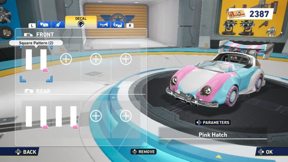 More of the "customize vehicle" interface in Sonic Racing: CrossWorlds. This screen shows the decals used to make the pink stripes on the car.