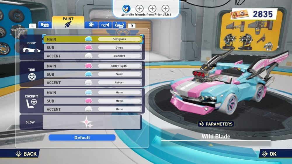 The "customize machine" interface in Sonic Racing: CrossWorlds, showing the car's color and texture settings.