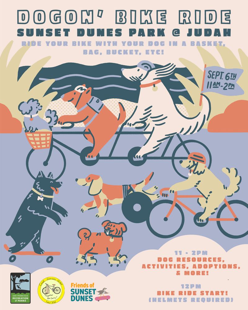 Dogon' bike ride- sunset dunes park & judah. Ride your bike with your dog in a basket, bag, bucket etc! 11-2pm. Dog resources, activities, adoptions & more! 12pm Bike ride start (helmets required)