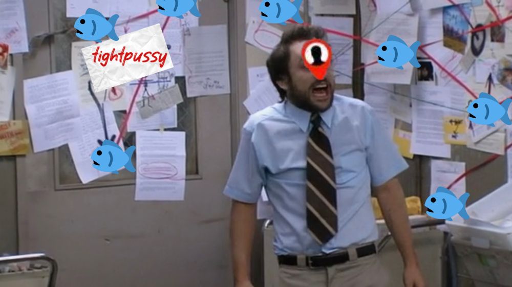 pepe silva meme with plenty of tuna emojis and a marker on a guy screaming 
there's tightpussy in red marked on a piece of paper on the wall