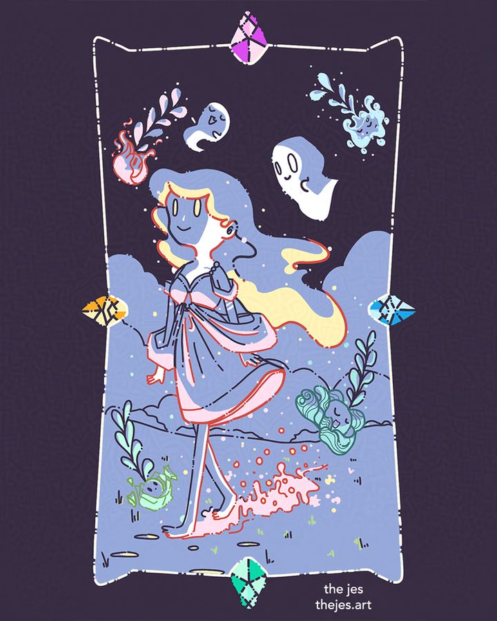 Digital Illustration for the World tarot card. A woman walks confidently towards the left, holding her head up high. Around here are elemental spirits representing fire, water, wind, and earth blooming with sprigs atop their heads. Her feet cast a magic glow from the path she's walked upon. And a companion ghost follows contently behind her. Text in the bottom right reads: the jes thejes.art