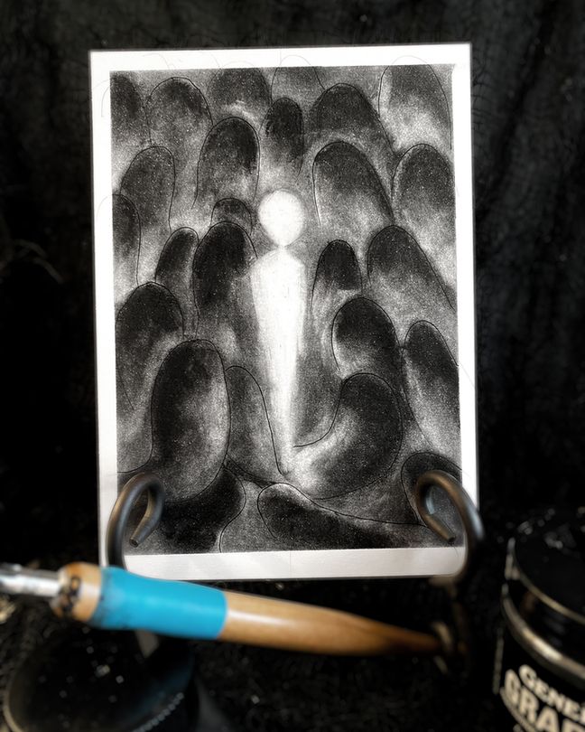 Photograph of a traditional illustration showing a white figure walking in the center of a bunch of dark blob looking figures. Their white light illuminating parts of each of the dark figures as they watch. 