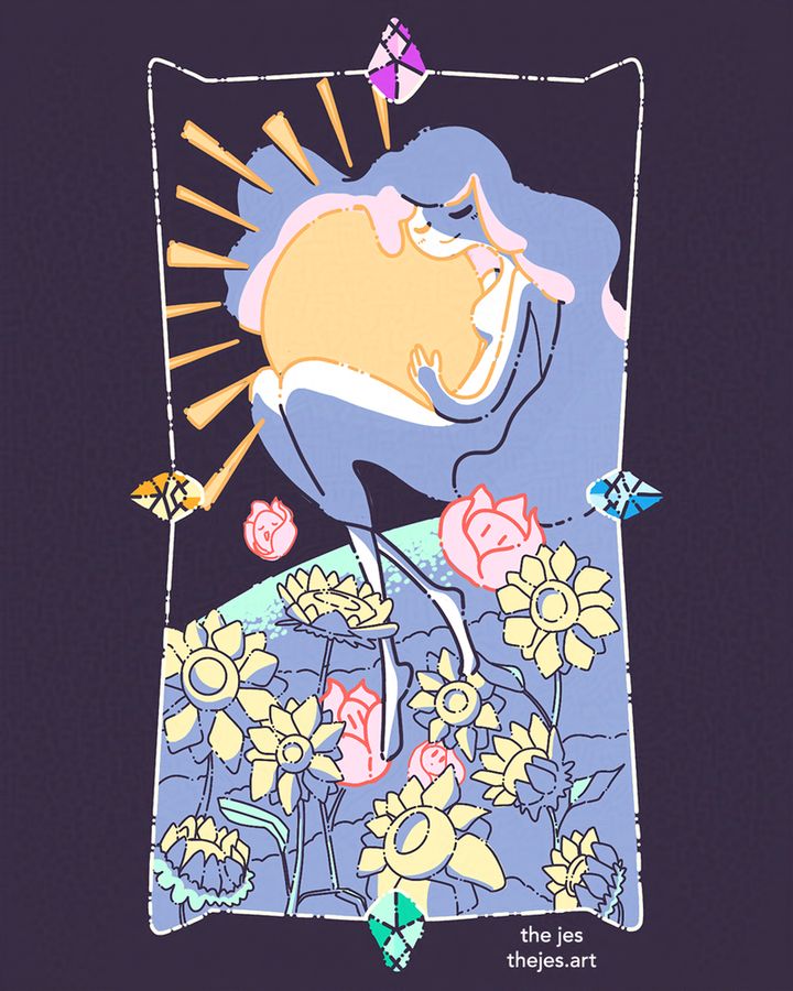 Digital illustration of the Sun tarot card. A woman wraps herself up around a glowing sun with closed eyes and a gentle smile. Below here are floating red fire spirits and sunflowers at different stages of opening to the sun's rays.