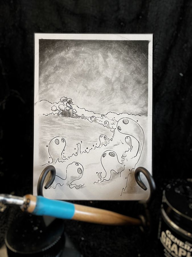 photograph of traditional illustration. Show ghosts rising up from a road that makes its way into a forest in the distance. Done in ink and graphite