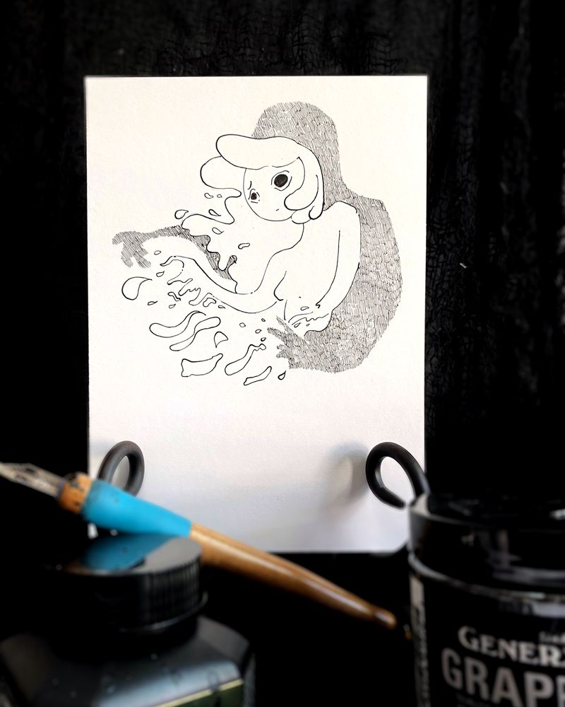 Photograph of a traditional ink illustration showing a women being wrapped from behind by a shadowy figure while her body begins to disintegrate. Kuretake Ink on Bristol