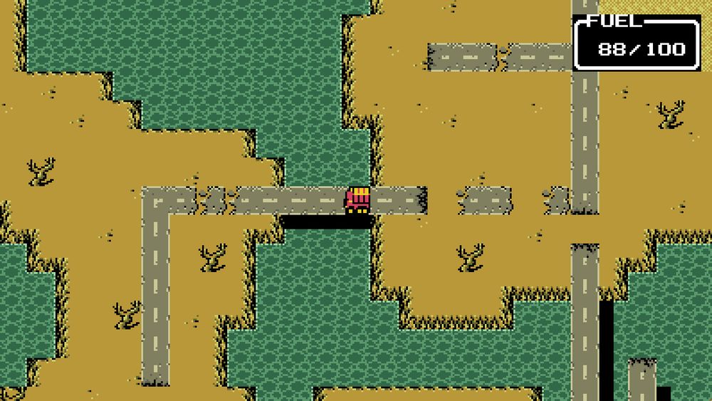 NES-style pixel art truck driving across a JRPG overworld wasteland road