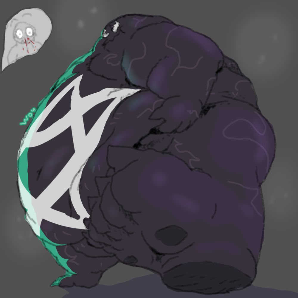 Fen (Symbiote OC) almost stepping over you, due to the sheer size difference

also there's a little guy in the corner having a nosebleed cause its funny
-woy