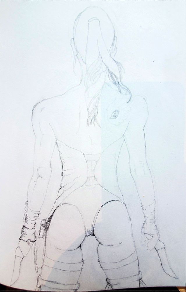Drawing of a woman from the back with two knives preparing to fight
