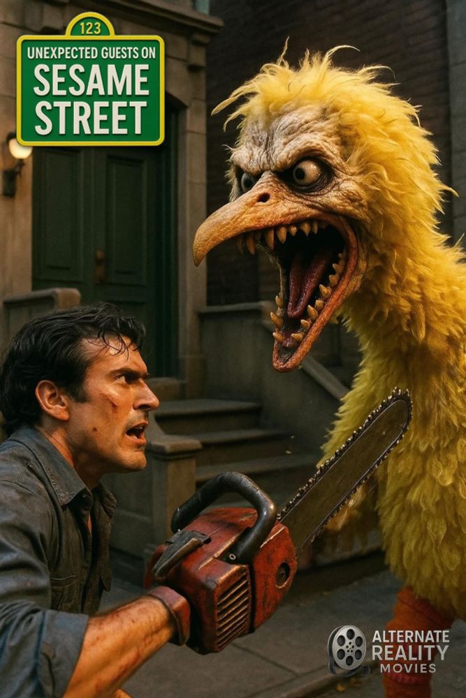 Picture of Bruce Campbell with a chainsaw hand defending himself from an evil, dinosaur like Big Bird. A sign in the corner says "Unexpected Guests on Sesame Street"