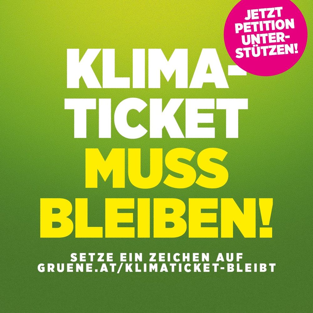 Wir dürfen nicht zulassen, dass das KlimaTicket abgeschafft wird. Unterschreibe jetzt die Petition und setze ein Zeichen für den Klimaschutz und gegen die Blau-Schwarzen Kürzungsfantasien! 👉 https://gruene.at/klimaticket-bleibt/ 