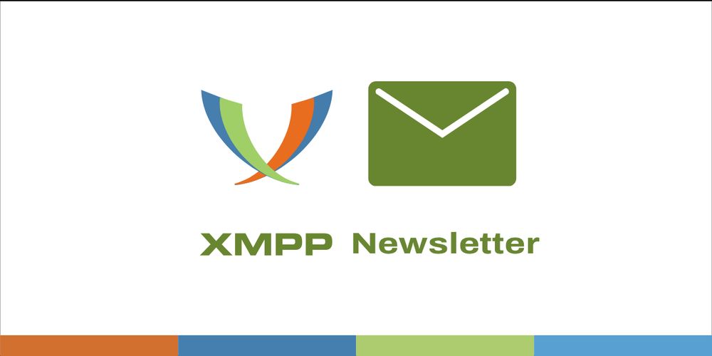 Bannière pour la newsletter XMPP : le logo de XMPP, composé de trois bandes colorées formant une feuille stylisée, est accompagné d'une icône d'enveloppe verte symbolisant une newsletter. Le texte "XMPP Newsletter" est affiché en vert.