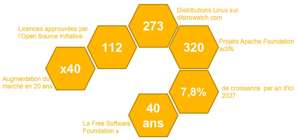 Infographie sur les réalisations et statistiques liées aux logiciels libres et à l'open source :

273 : Nombre de distributions Linux répertoriées sur distrowatch.com.
320 : Nombre de projets actifs au sein de la Apache Foundation.
7,8% : Taux de croissance annuel du marché en 2027.
40 ans : Âge de la Free Software Foundation.
x40 : Augmentation du marché en 20 ans.
112 : Nombre de licences approuvées par l'Open Source Initiative.