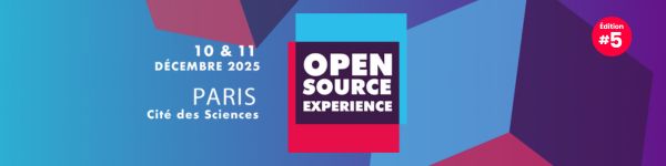 Banner for the 5th edition of Open Source Experience, held on December 10 and 11, 2025, at the Cité des Sciences in Paris.
