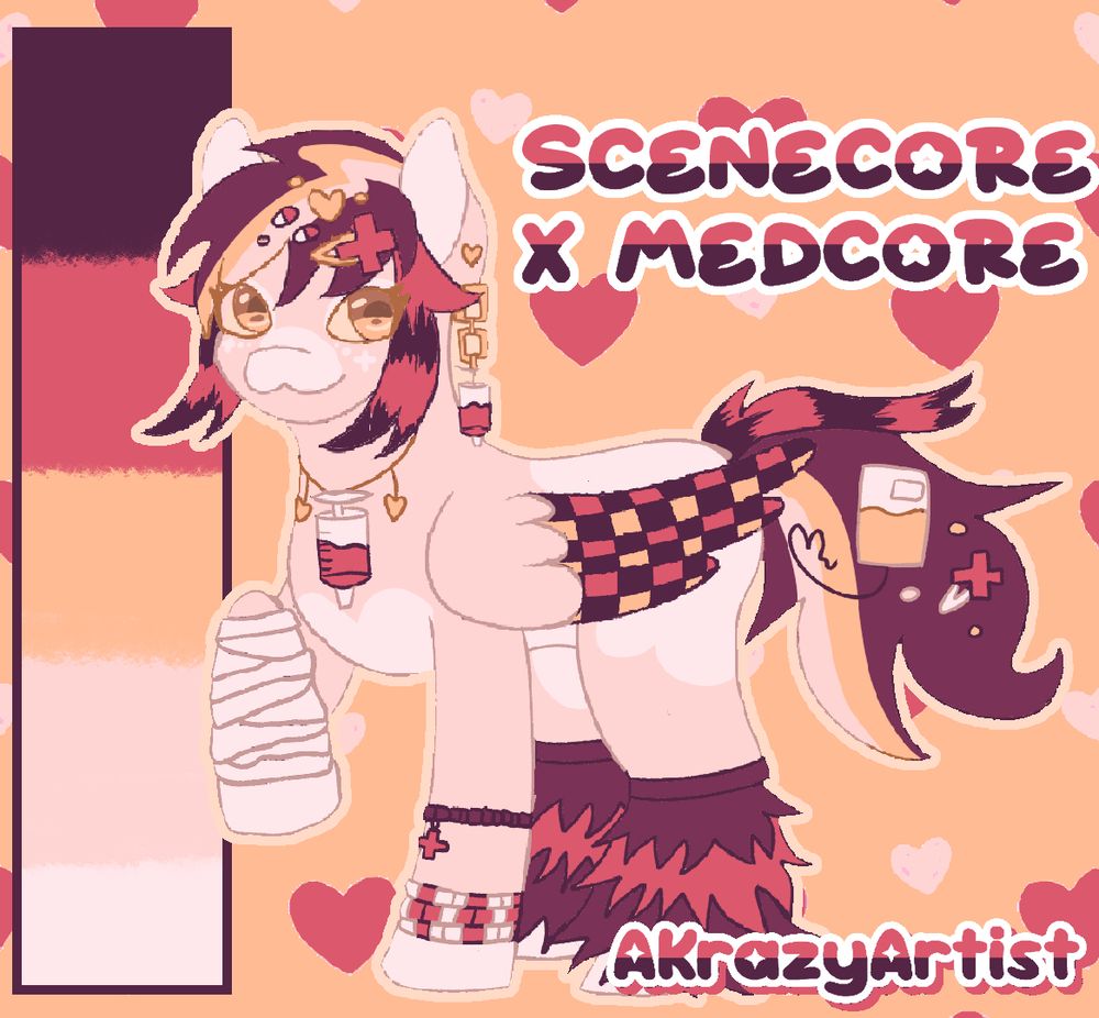 A peach pony with lighter hoves, rumb, muzzle, ears and chest against a orange background with red and peach hearts. The pony has red, orange and peach hair in a short shaggy style. The pony has yellow eyes, and wears the same coloured chains and jewelry. They also wear bandages on one front hoof, and medical themed bracelets on the other. They also have matching syringe necklace and earings with a red liquid inside. Attached to her tail is a yellow bag. Her wings are checkered red and orange. There is text in a starry font saying "Scenecore X Medcore" and "AKrazyArtist"