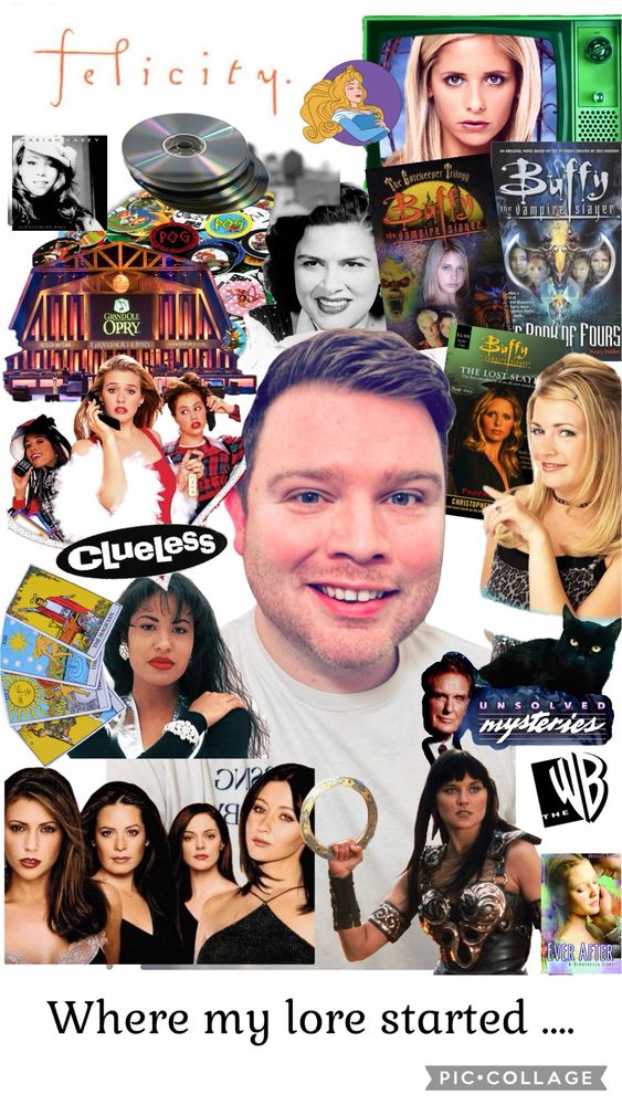 Images of late 1990’s pop culture specifically Clueless, Charmed, Sabrina the Teenage Witch, Xena Warrior Princess, Buffy the Vampire Slayer, The WB, Selena, Mariah Carey, compact discs surrounded by an image of late 30 something male.