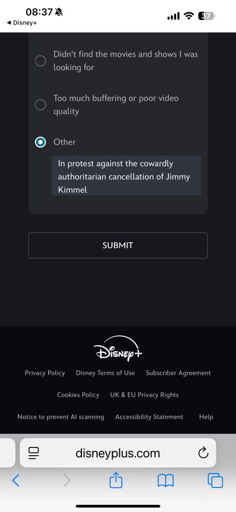 Screenshot of a cancelled subscription to Disney