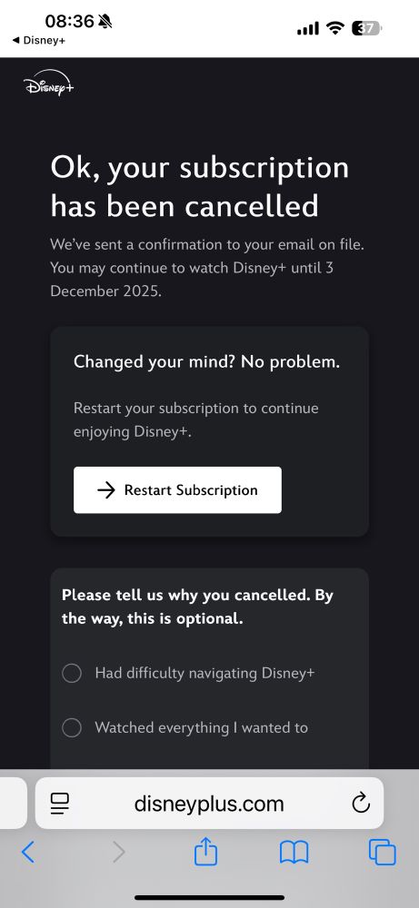 Screenshot of a message to Disney when cancelling their subscription