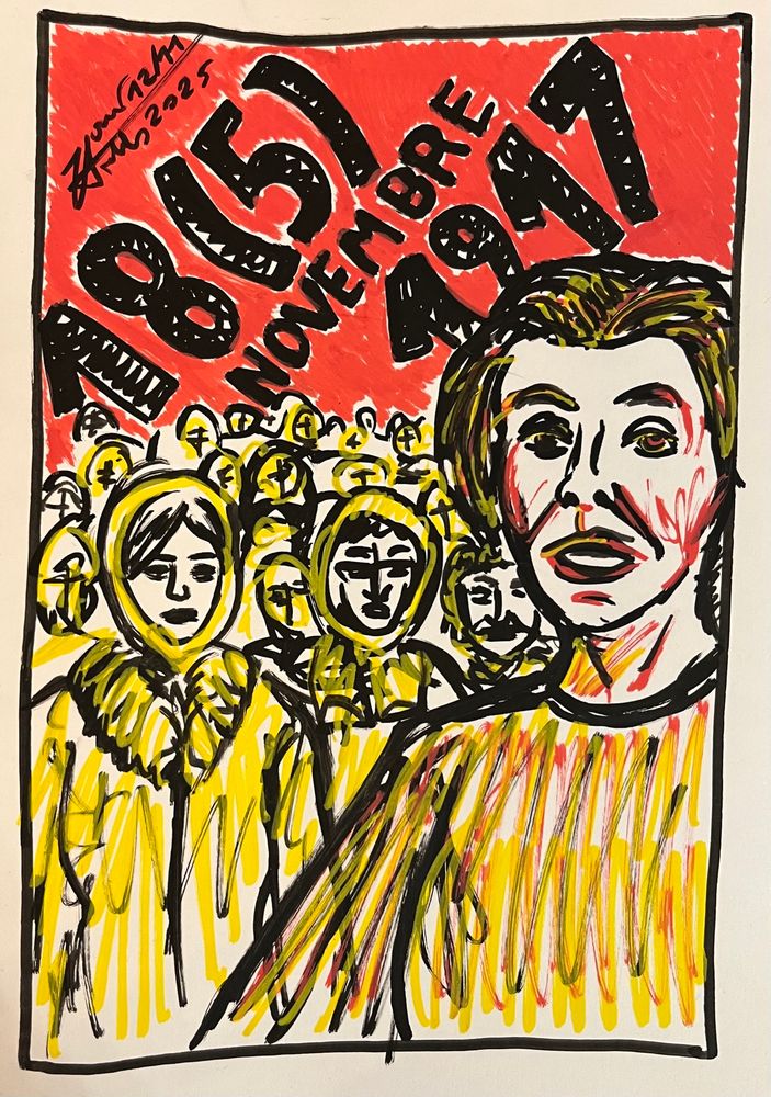 Dessin aux marqueurs à l’acrylique. Groupe d’ouvrières avec devant la bolchevik Lioudmila Stal.