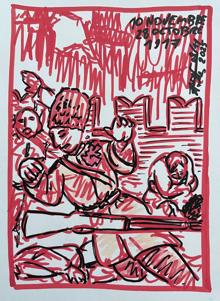 Dessin aux marqueurs à l’acrylique. Gardes rouges s’effondrant sous les balles au Kremlin.