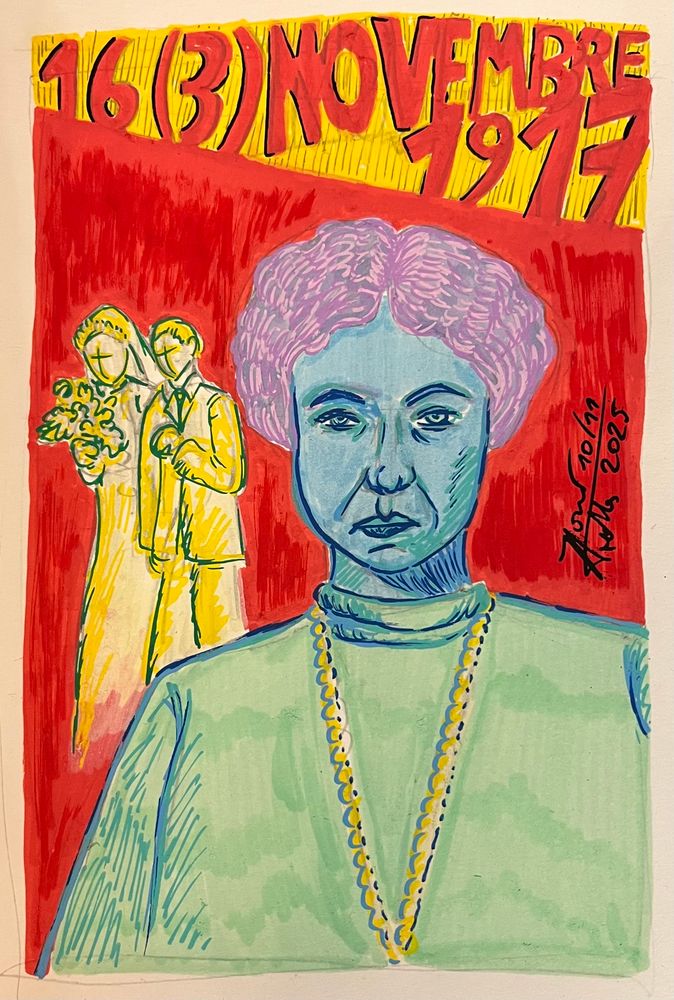 Dessin aux marqueurs à l’acrylique. Portrait de Kollontaï avec derrière elle un couple entrain de se marier 