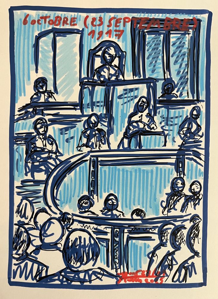 Dessin aux marqueurs à l’acrylique. La salle du préparlement avec ses membres en action.