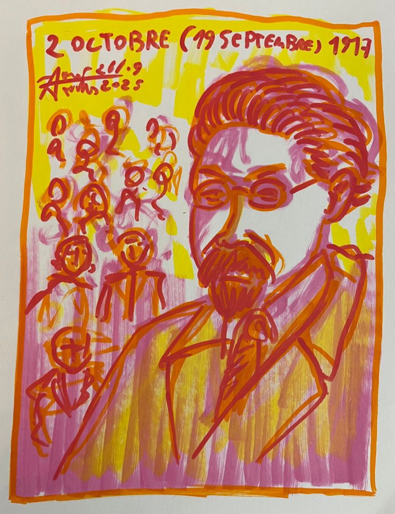 Dessin aux marqueurs à l’acrylique. Portrait de Noguine avec derrière lui des membres du soviet.