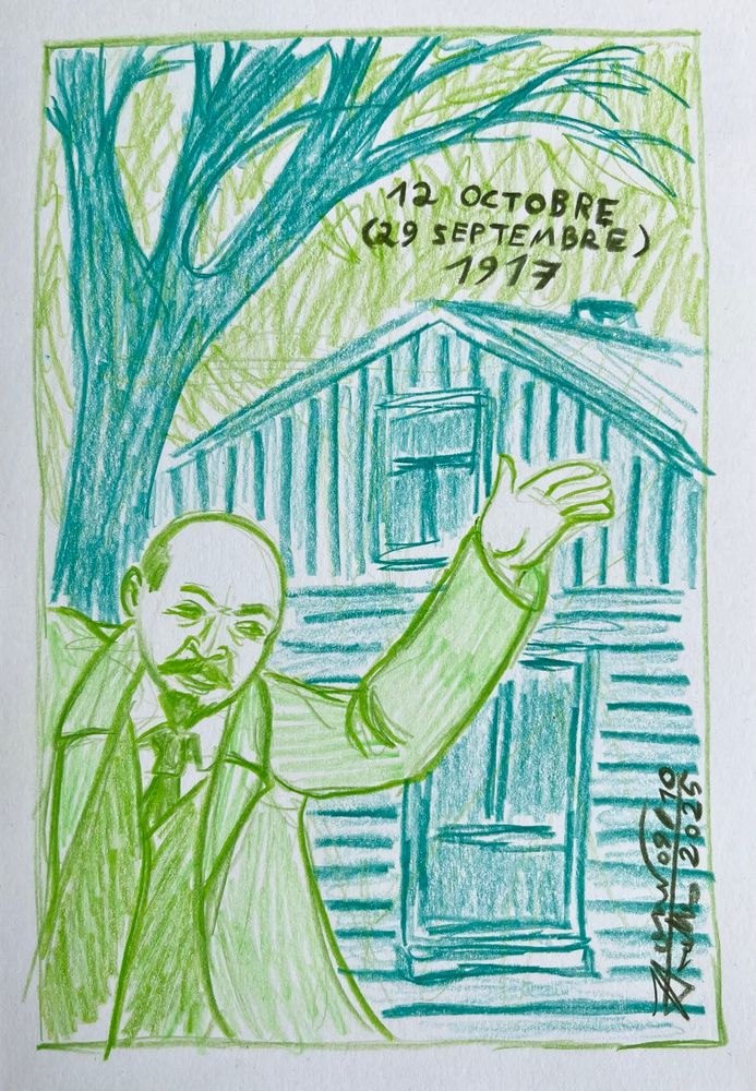 Dessin aux crayons de couleur. Lenine s’emportant devant la maison où il demeure 