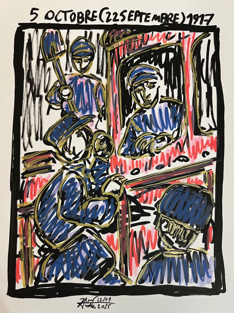 Dessin aux marqueurs à l’acrylique. Des cheminots discutent avec le conducteur de la locomotive 