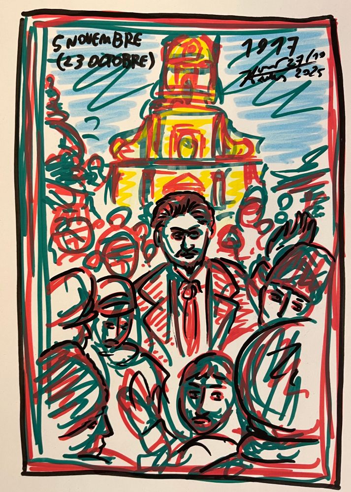 Dessin aux marqueurs à l’acrylique. Trotsky arrivéau milieu des soldats de la garnison de la forteresse et se préparant à faire un discours.