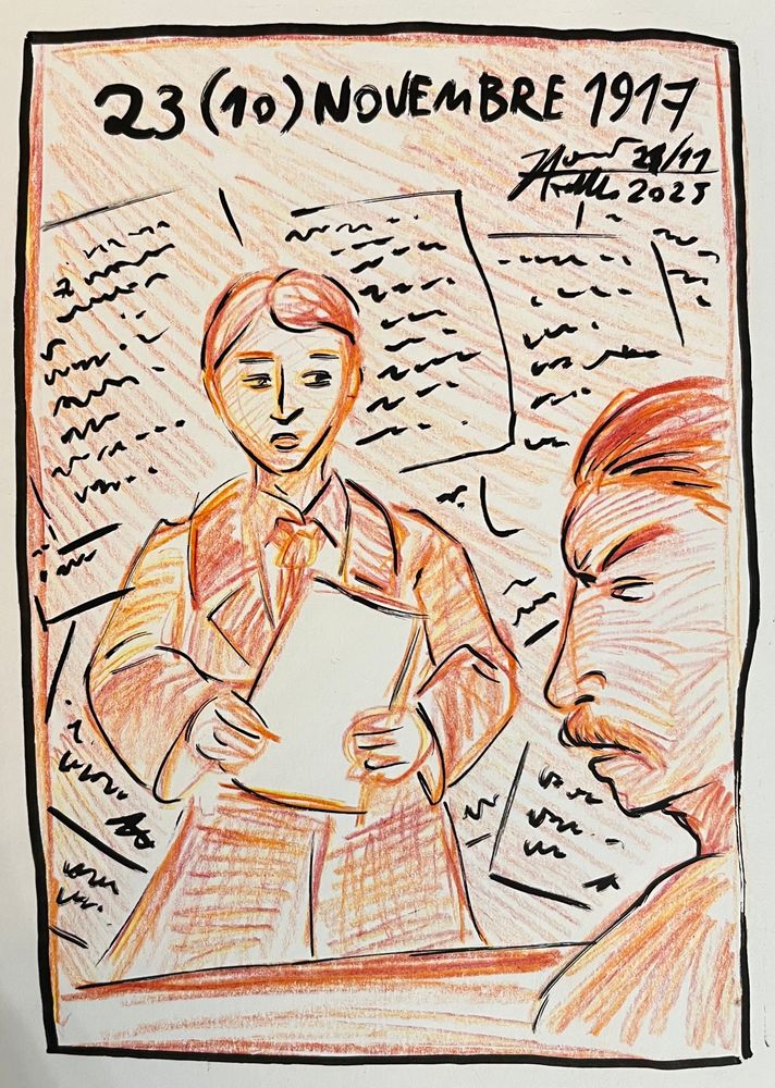 Dessin aux crayons et marqueurs à l’acrylique. Un homme annonce la publication des lettres (visible en arrière-plan) à un représentant des alliés.