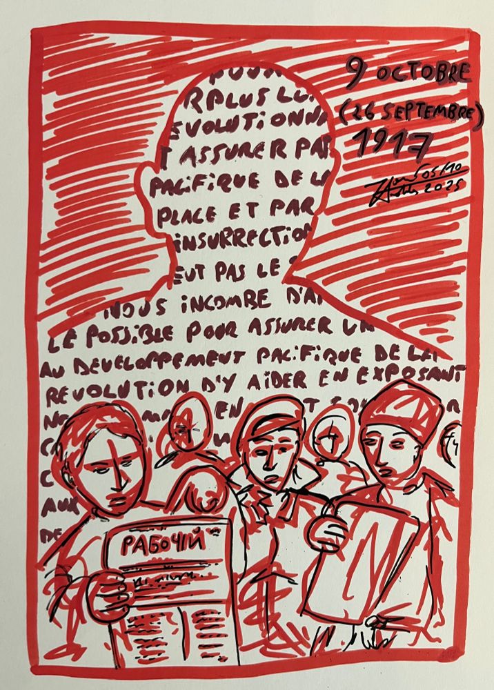 Dessin aux marqueurs à l’acrylique.
Un bolchevik lit à d’autres révolutionnaires l’article de Lénine. Derrière eux la silhouette du chef bolchevik avec à l’intérieur un extrait du texte.