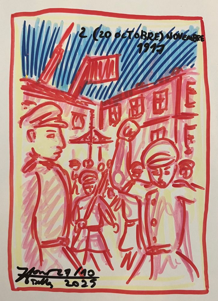 Dessin aux marqueurs à l’acrylique. Dans les rue de Petrograd, un soldat s’emporte contre la decision de Kerenski 