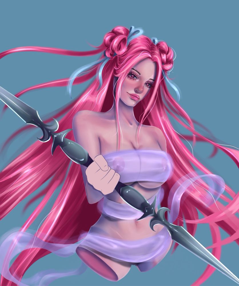 Pink and blue work in progress digital art painting of a warrior goddess looking ethereal holding a double edged sword and wearing a purple see through outfit