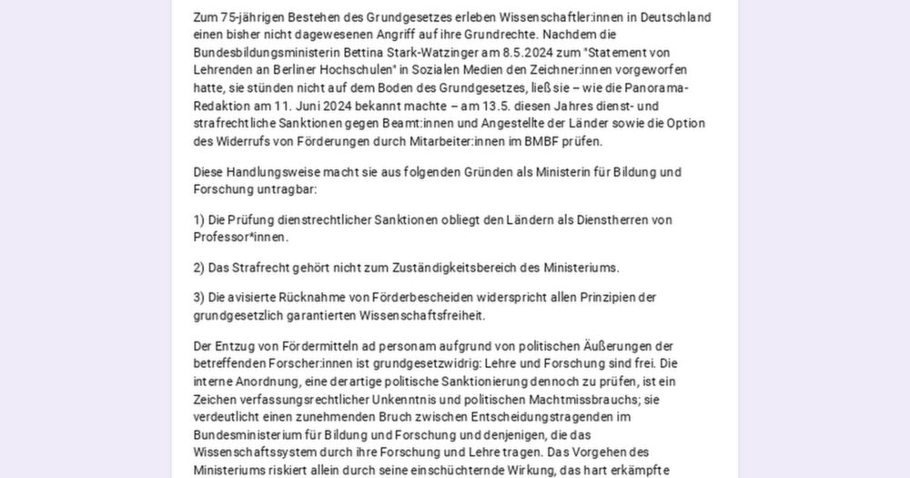 Offene Stellungnahme zum Vorgehen der Bundesbildungsministerin angesichts des offenen Briefes Berliner Hochschullehrer:innen