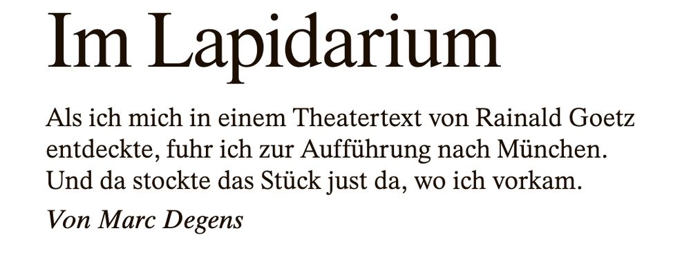 Artikel aus der FAZ: Im Lapidarium. Als ich mich in einem Theatertext von Rainald Goetz entdeckte, fuhr ich zur Aufführung nach München. Und da stockte das Stück just da, wo ich vorkam. Von Marc Degens
